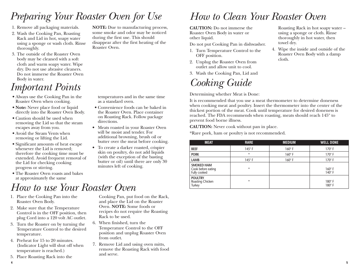 How to use your roaster oven, How to clean your roaster oven, Cooking guide | Preparing your roaster oven for use, Important points | GE 168962 User Manual | Page 3 / 13
