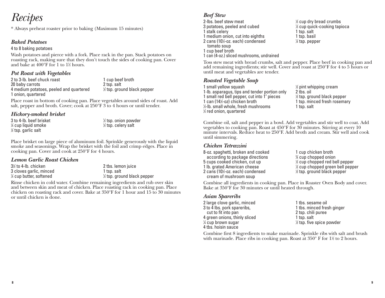 Recipes, Beef stew, Roasted vegetable soup | Chicken tetrazzini, Asian spareribs, Baked potatoes, Pot roast with vegetables, Hickory-smoked brisket, Lemon garlic roast chicken | GE 168962 User Manual | Page 5 / 13