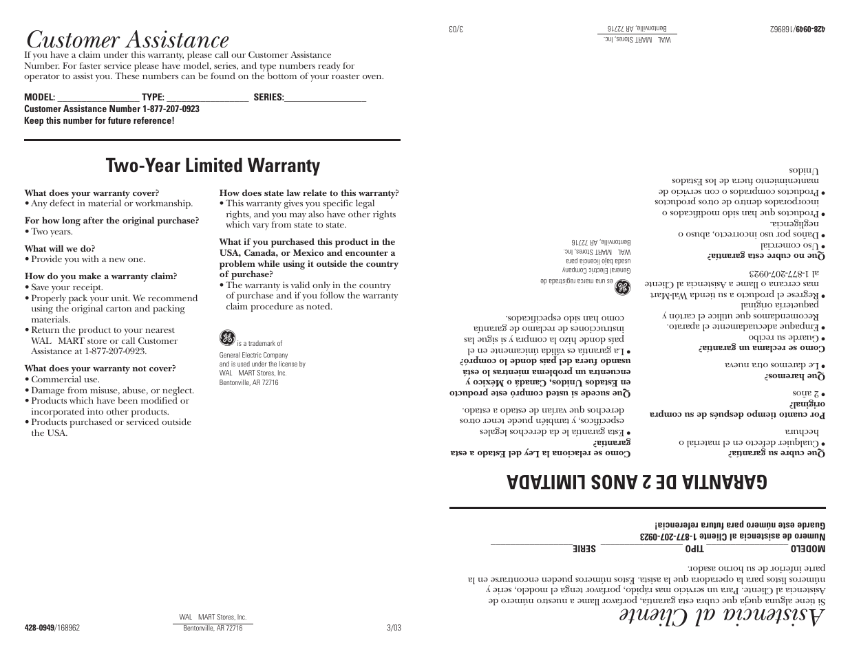 Customer assistance, Asistencia al cliente, Two-year limited warranty | Garantia de 2 anos limitada | GE 168962 User Manual | Page 7 / 13
