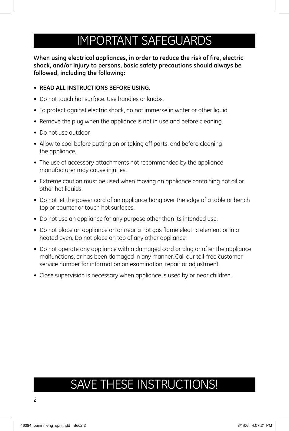 Important safeguards, Save these instructions | GE 169078 User Manual | Page 2 / 6