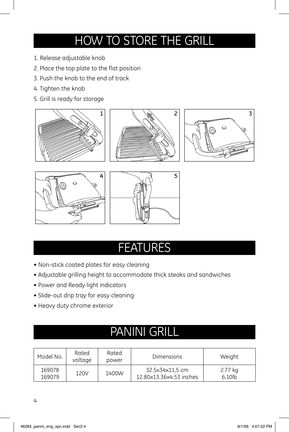 Features, How to store the grill, Panini grill | GE 169078 User Manual | Page 4 / 6