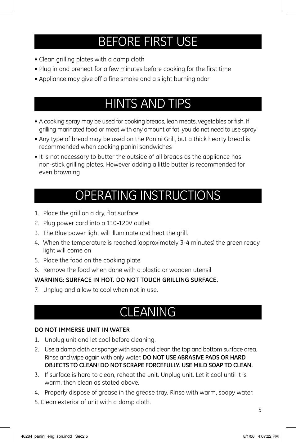 Before first use, Hints and tips, Operating instructions | Cleaning | GE 169078 User Manual | Page 5 / 6