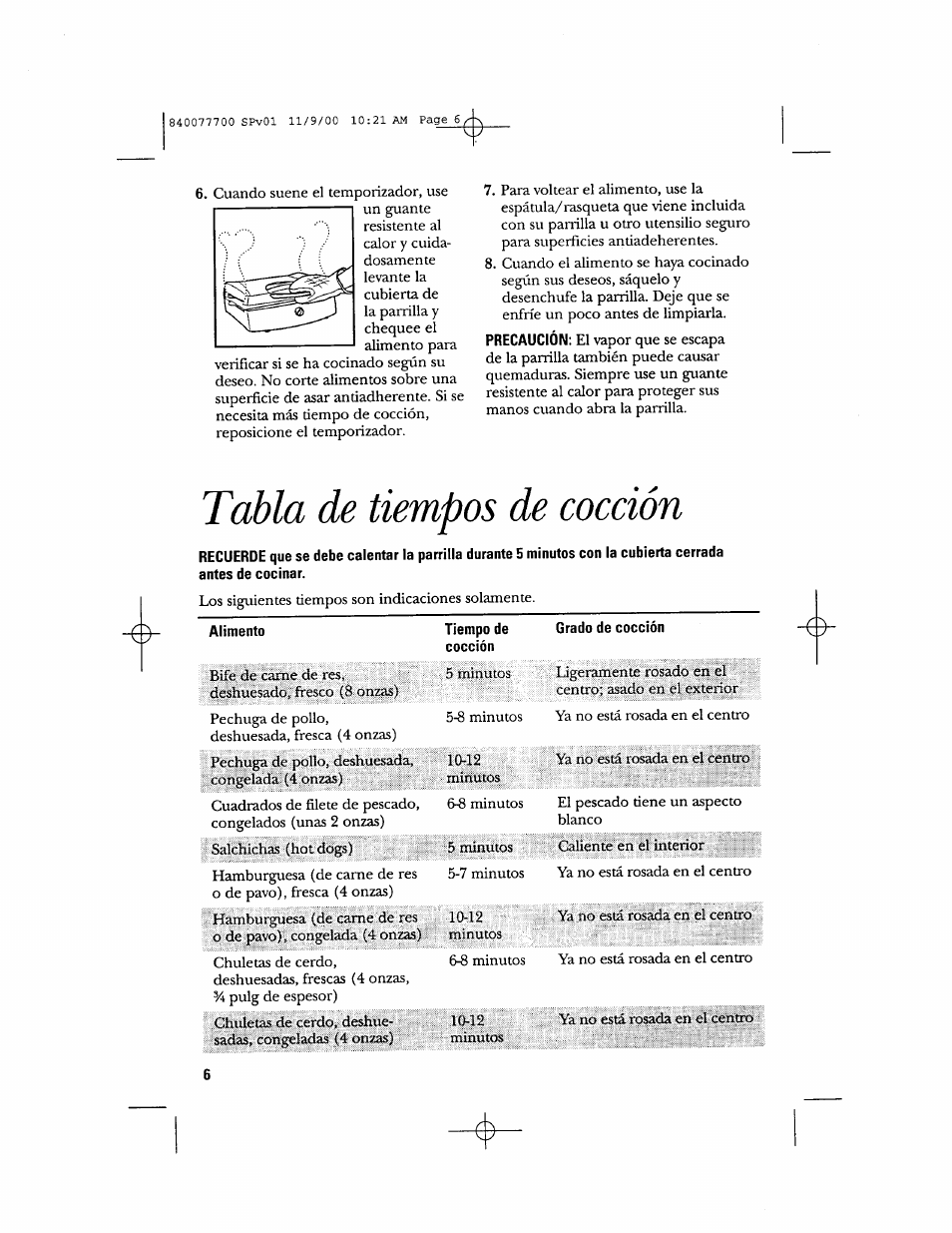 Tabla de tiempos de cocción | GE 106642 User Manual | Page 13 / 16