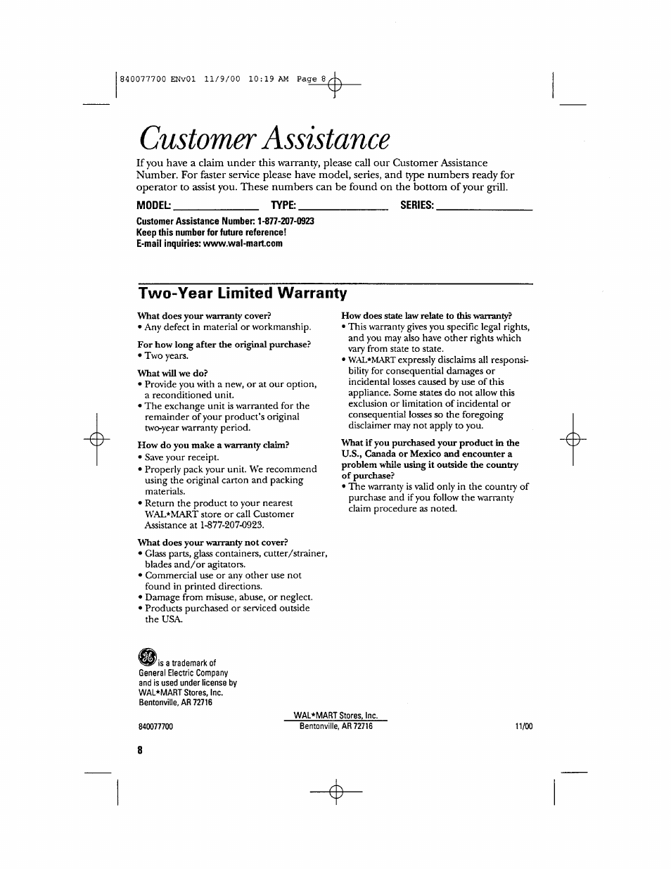 Customer assistance, Model, Type | Series, Two-year limited warranty | GE 106642 User Manual | Page 15 / 16