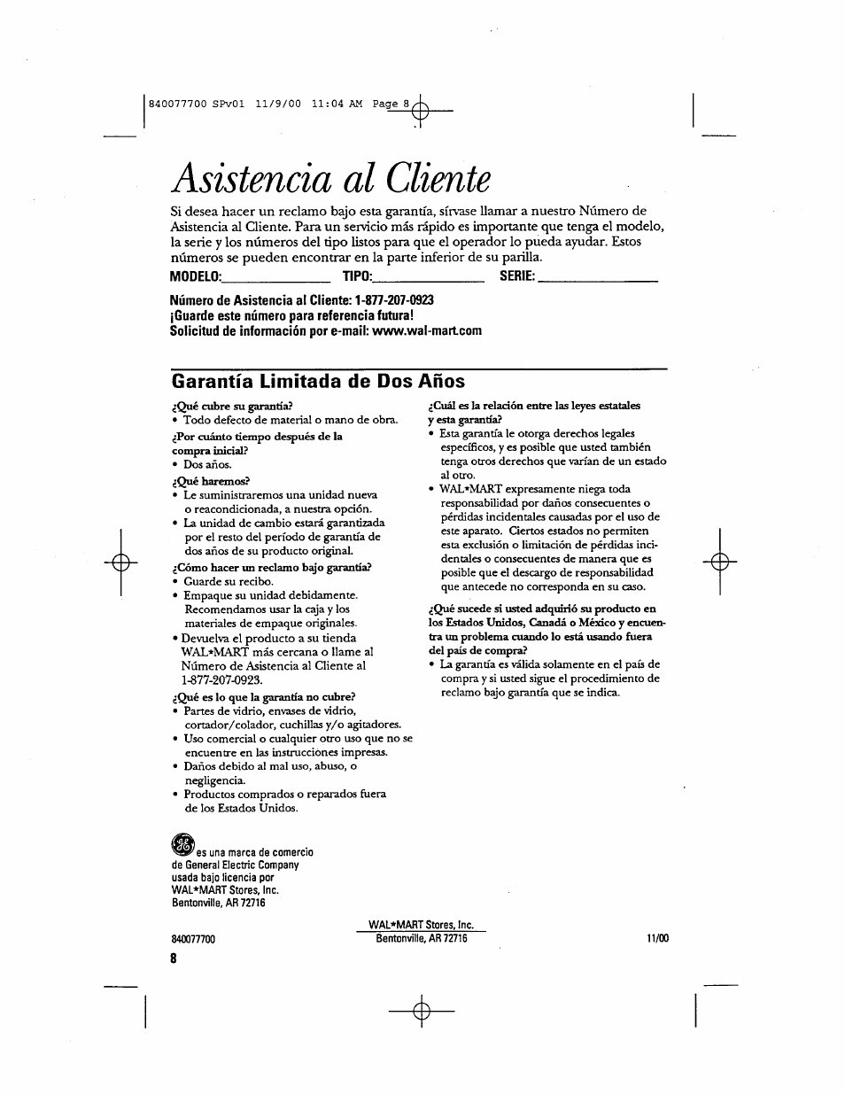Asistencia al cliente, Modelo; tipo: serie, Garantía limitada de dos años | GE 106642 User Manual | Page 16 / 16