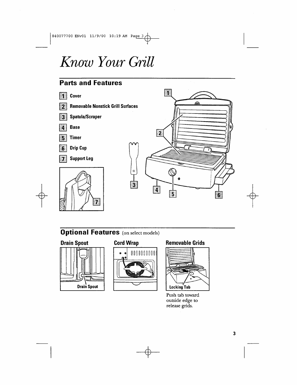 Know your grill, Parts and features | GE 106642 User Manual | Page 3 / 16