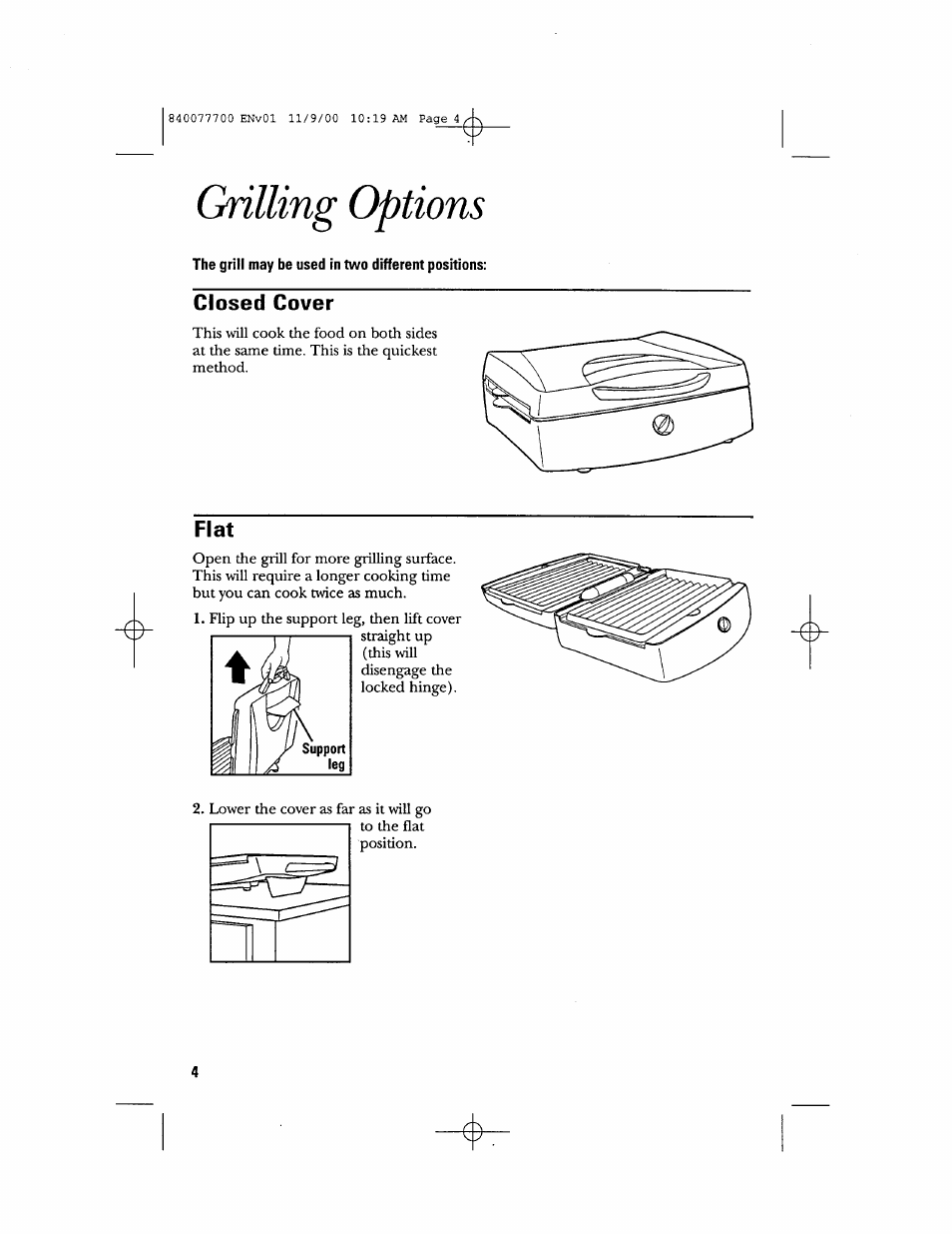 Ghlling options, The grill may be used in two different positions, Closed cover | Flat | GE 106642 User Manual | Page 4 / 16
