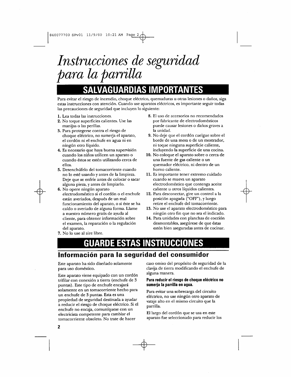 Instrucciones de seguridad para la parrilla, Información para la seguridad del consumidor, Instrucciones de seguridad | Para la parrilla, Salvaguardias importantes, Guarde estas instrucciones | GE 106642 User Manual | Page 9 / 16