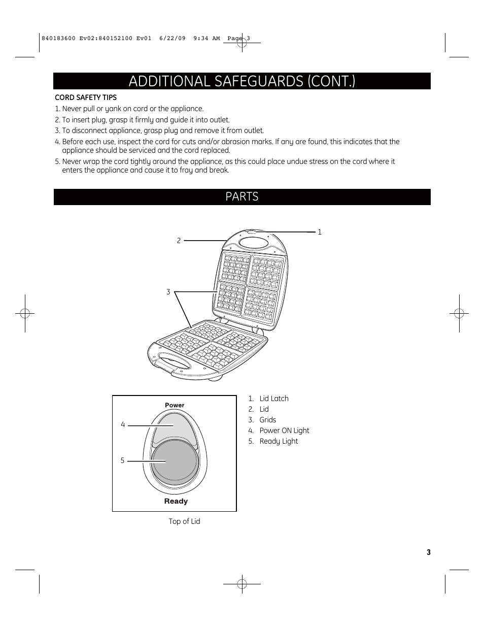 Additional safeguards (cont.), Parts | GE 169212 User Manual | Page 3 / 6
