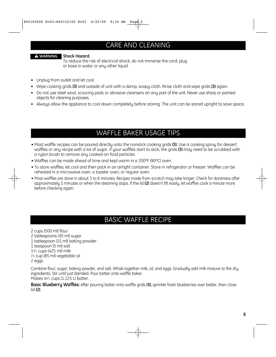 Care and cleaning, Waffle baker usage tips, Basic waffle recipe | GE 169212 User Manual | Page 5 / 6