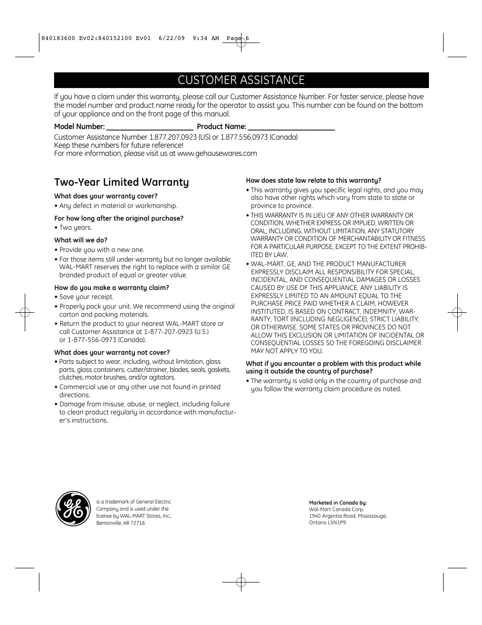 Customer assistance, Two-year limited warranty | GE 169212 User Manual | Page 6 / 6