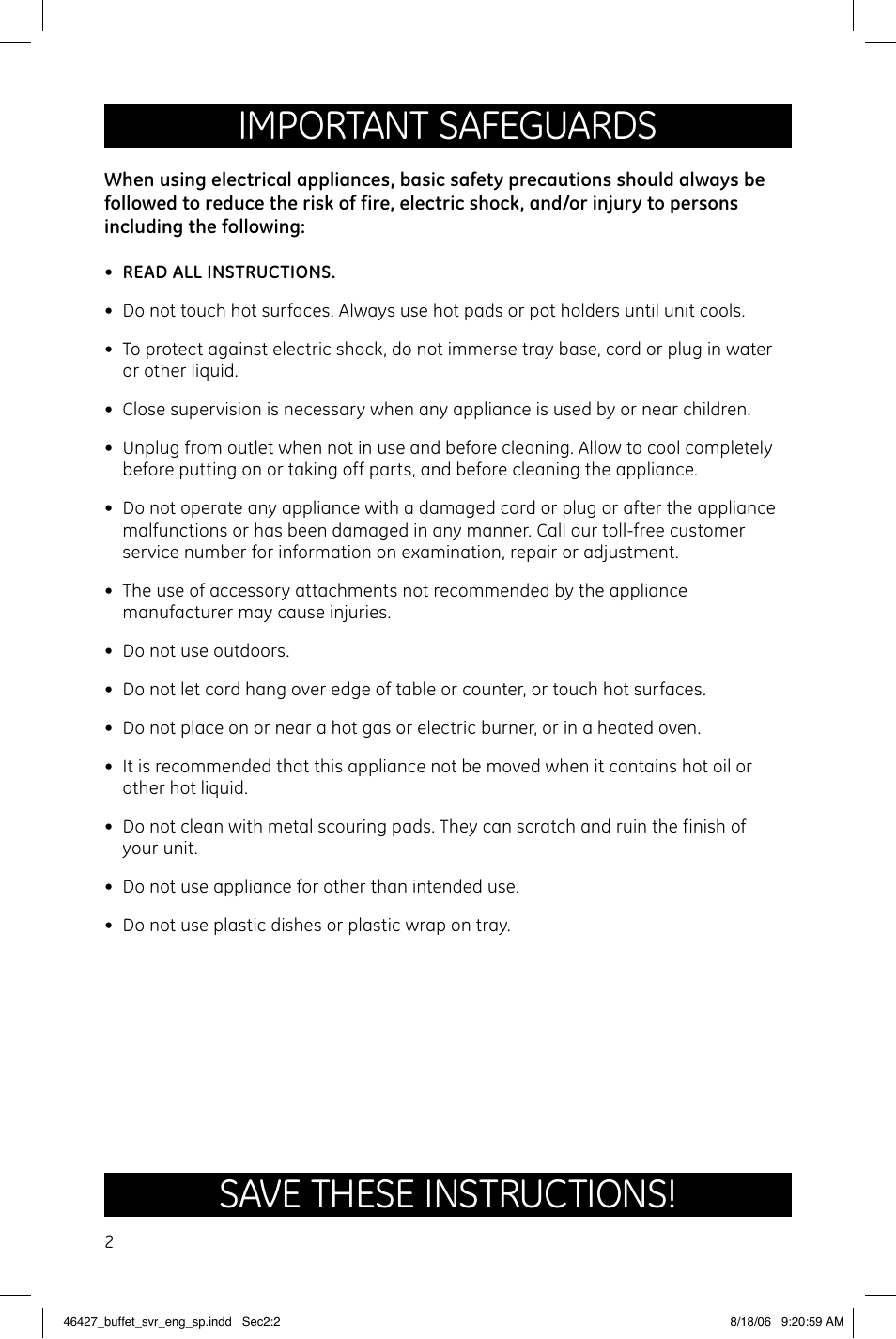 Important safeguards, Save these instructions | GE 169083 User Manual | Page 2 / 6