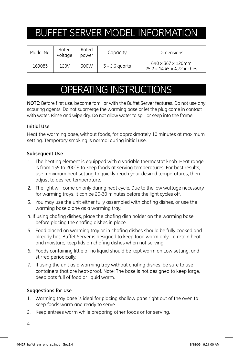 Operating instructions, Buffet server model information | GE 169083 User Manual | Page 4 / 6