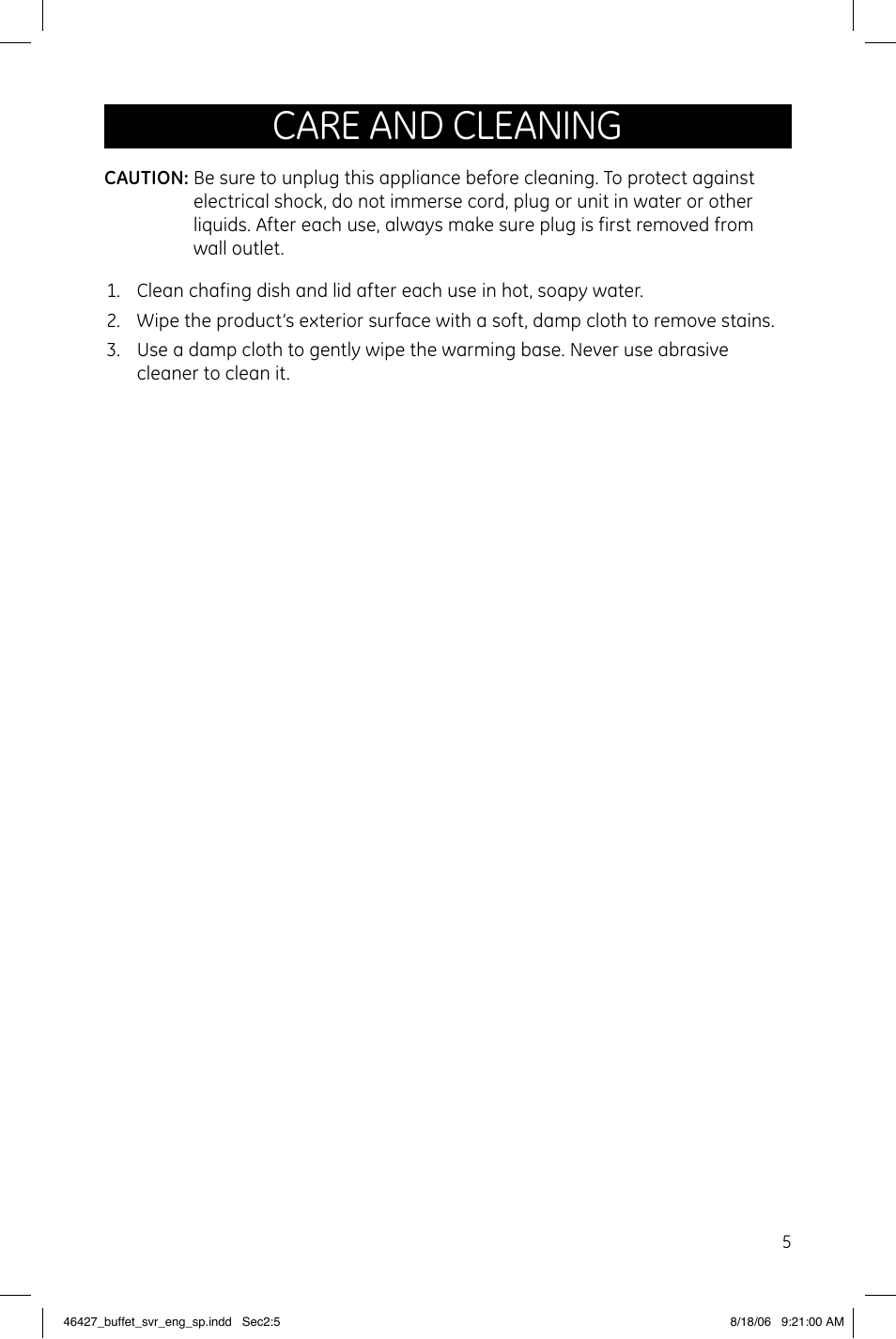 Care and cleaning | GE 169083 User Manual | Page 5 / 6