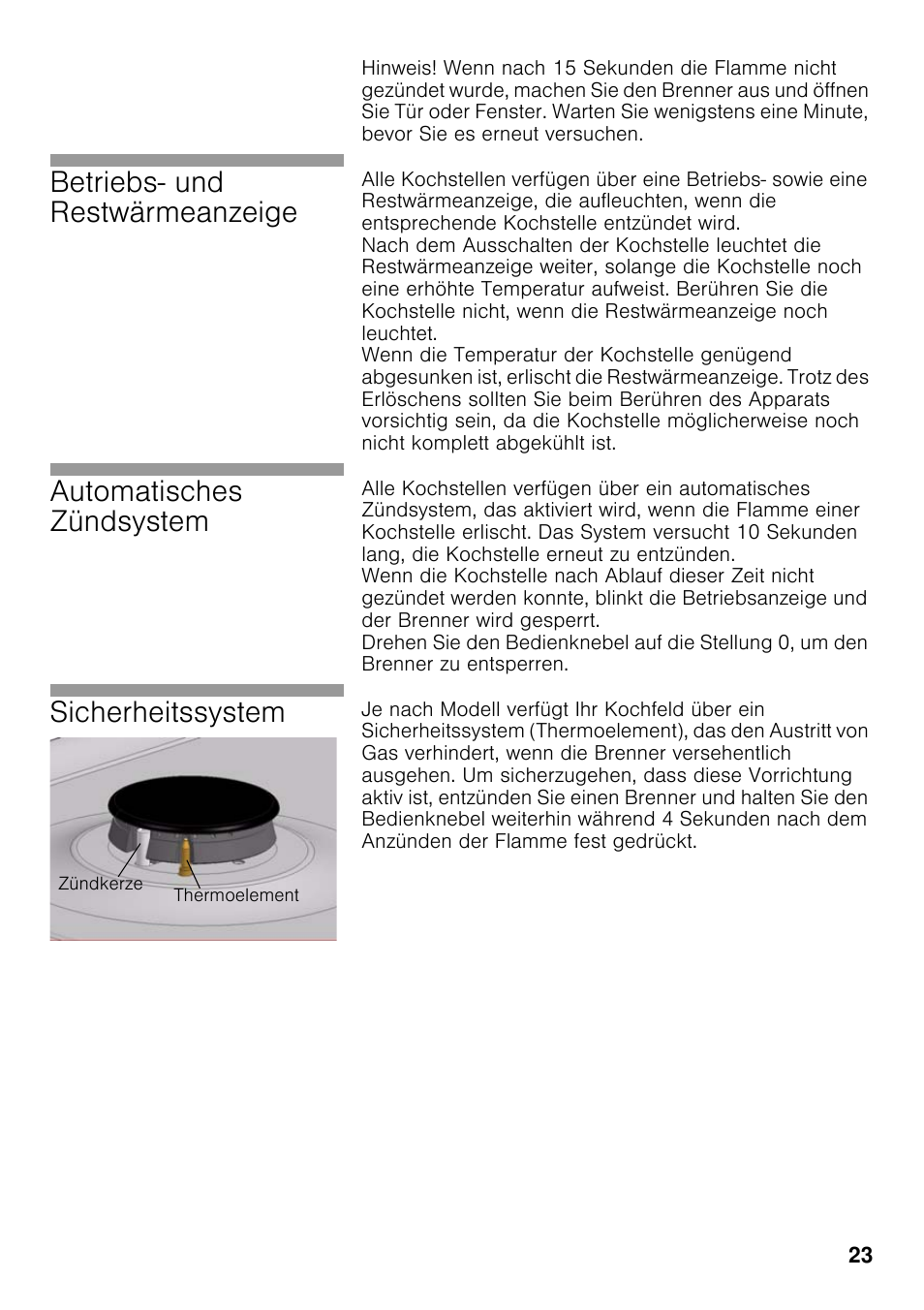 Betriebs- und restwärmeanzeige, Automatisches zündsystem, Sicherheitssystem | Neff T23R46N0 User Manual | Page 22 / 60