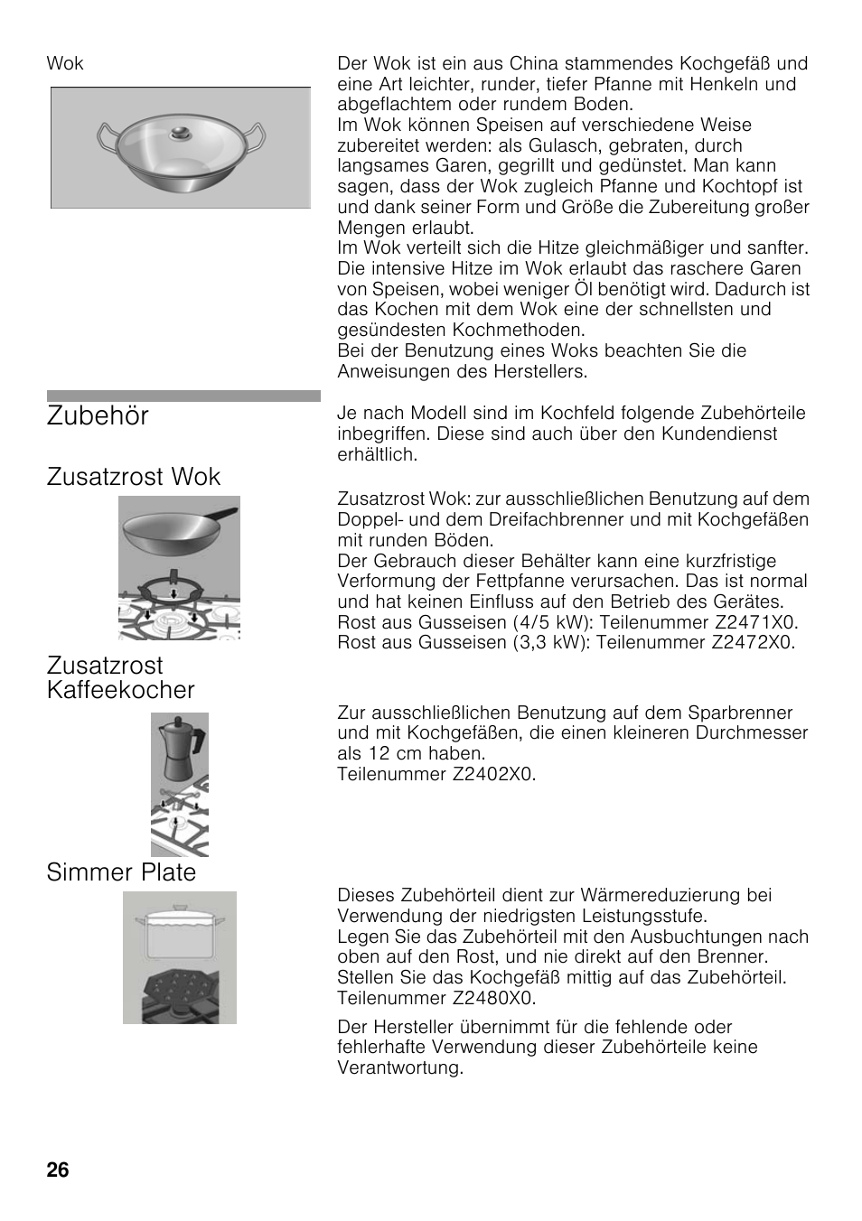 Zusatzrost wok, Zusatzrost kaffeekocher, Simmer plate | Zubehör | Neff T23R46N0 User Manual | Page 25 / 60