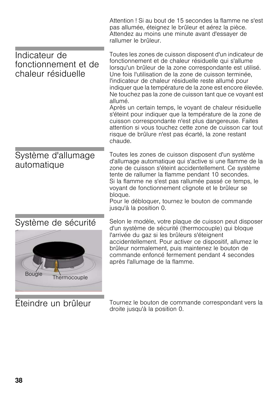 Système d'allumage automatique, Système de sécurité, Éteindre un brûleur | Neff T23R46N0 User Manual | Page 37 / 60
