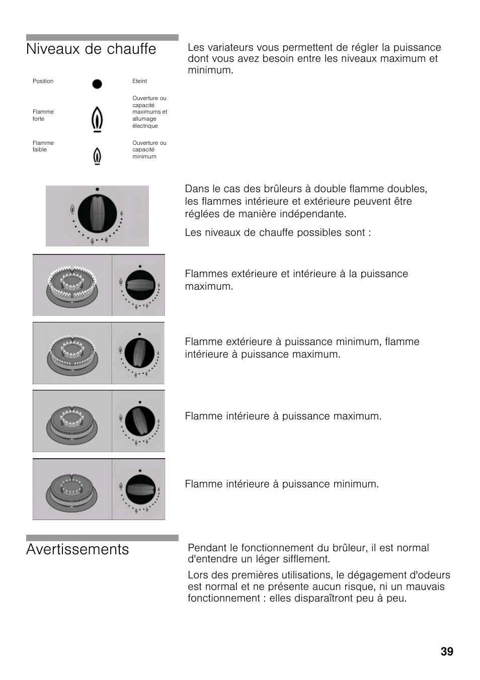 Niveaux de chauffe, Avertissements | Neff T23R46N0 User Manual | Page 38 / 60