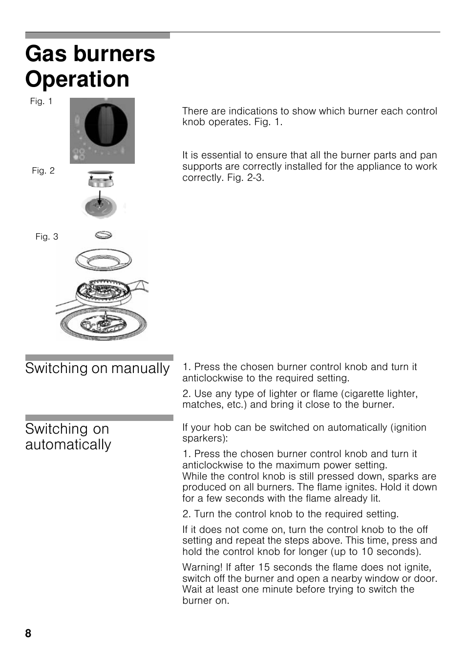 Operation, Gas burners operation, Switching on manually | Switching on automatically | Neff T23R46N0 User Manual | Page 7 / 60