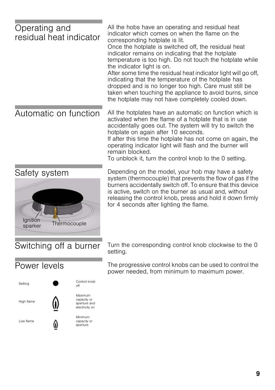 Operating and residual heat indicator, Automatic on function, Safety system | Switching off a burner, Power levels | Neff T23R46N0 User Manual | Page 8 / 60