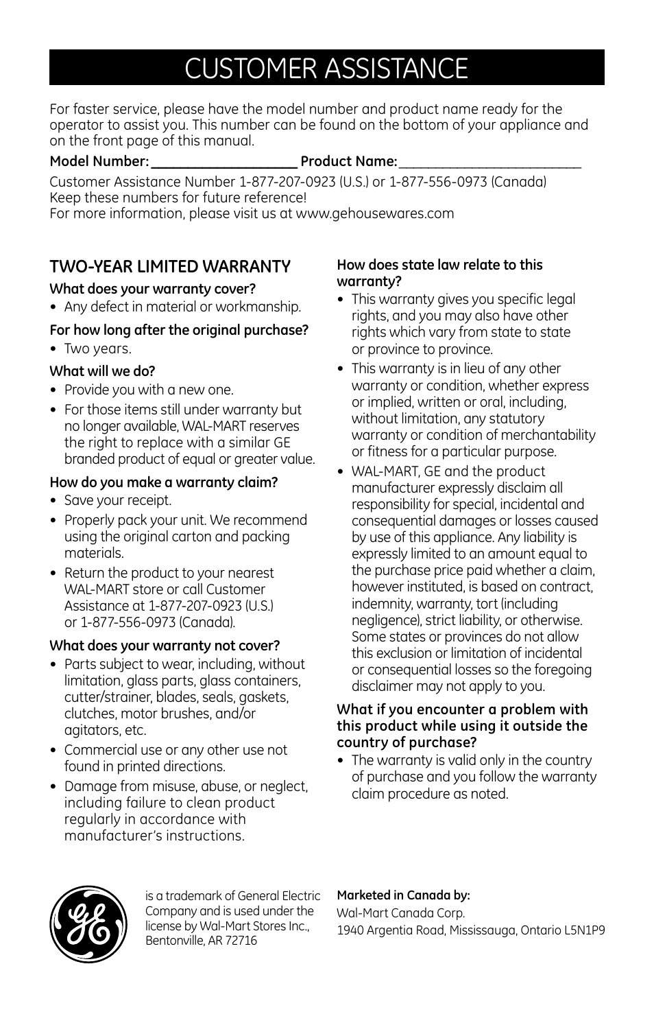 Customer assistance, Two-year limited warranty | GE 169131 User Manual | Page 10 / 11
