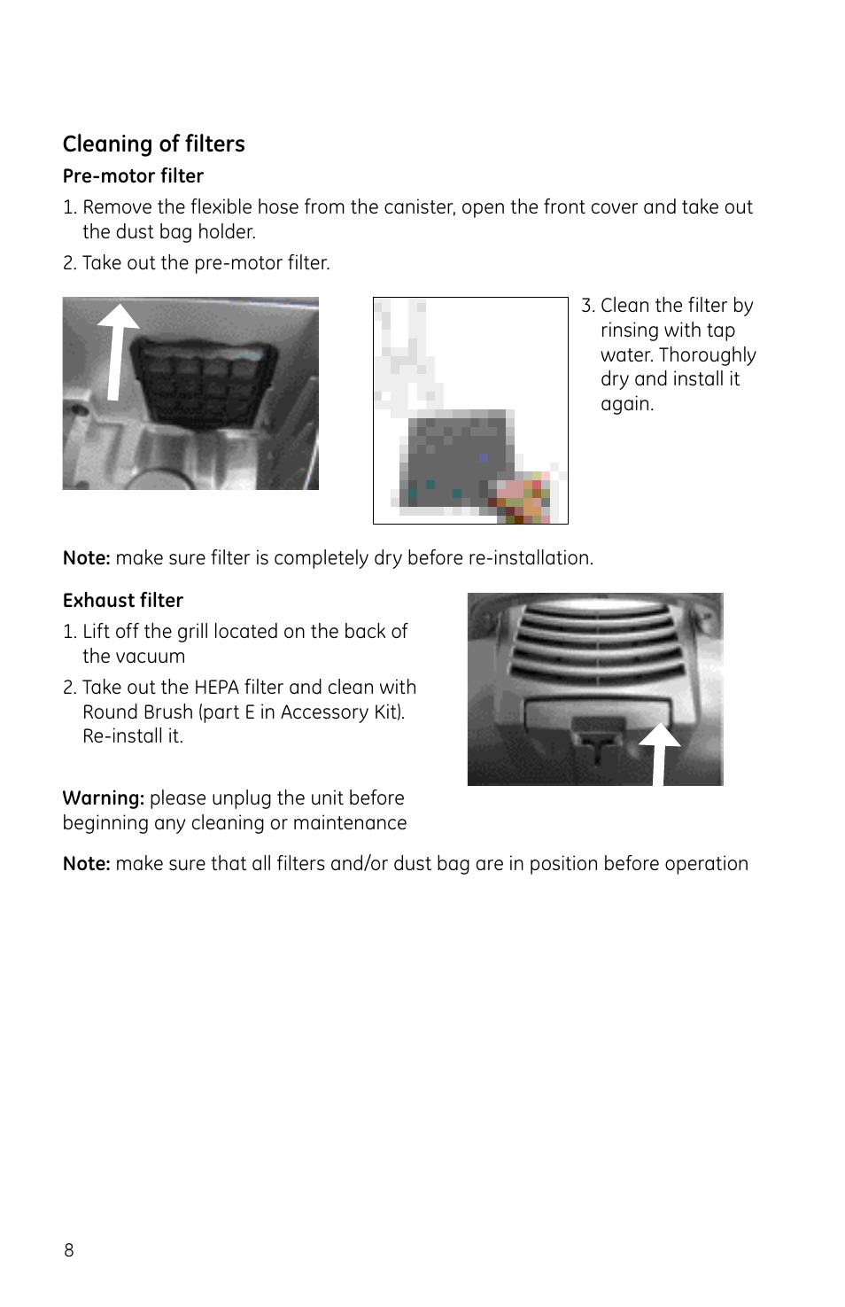 Cleaning of filters | GE 169131 User Manual | Page 8 / 11