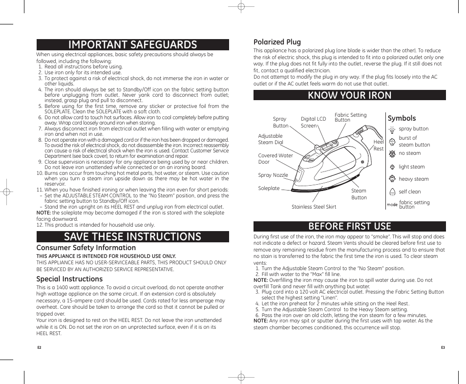 Important safeguards, Save these instructions, Know your iron | Before first use | GE 169064 User Manual | Page 2 / 4