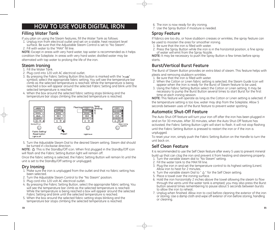 How to use your digital iron, Filling water tank, Steam ironing | Dry ironing, Spray feature, Burst/vertical burst feature, Automatic shut-off feature, Self clean feature | GE 169064 User Manual | Page 3 / 4