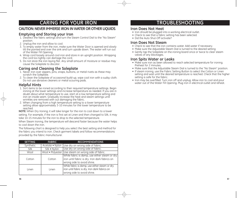 Caring for your iron, Troubleshooting | GE 169064 User Manual | Page 4 / 4