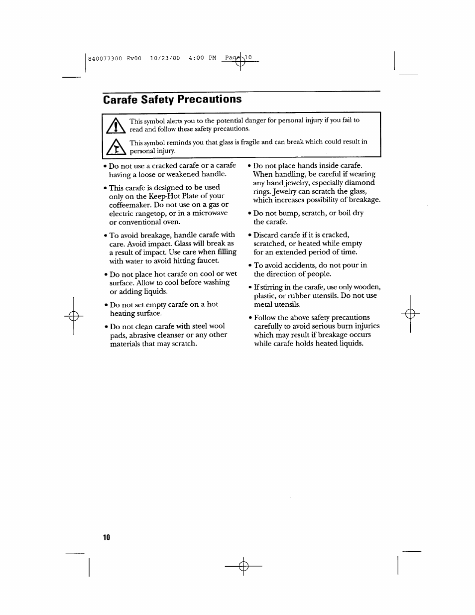 Carafe safety precautions | GE 106591 User Manual | Page 10 / 24