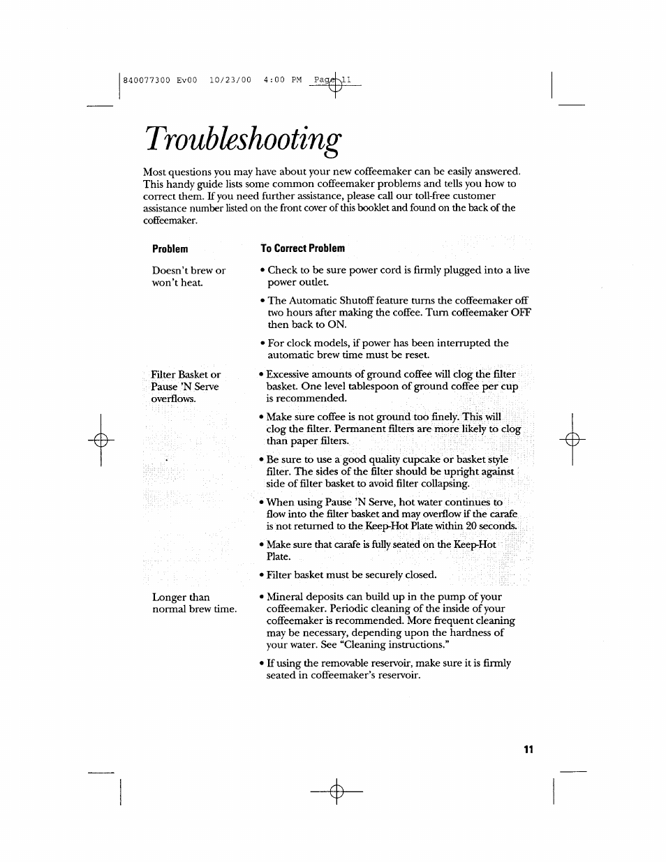 Troubleshooting, To correct problem | GE 106591 User Manual | Page 11 / 24