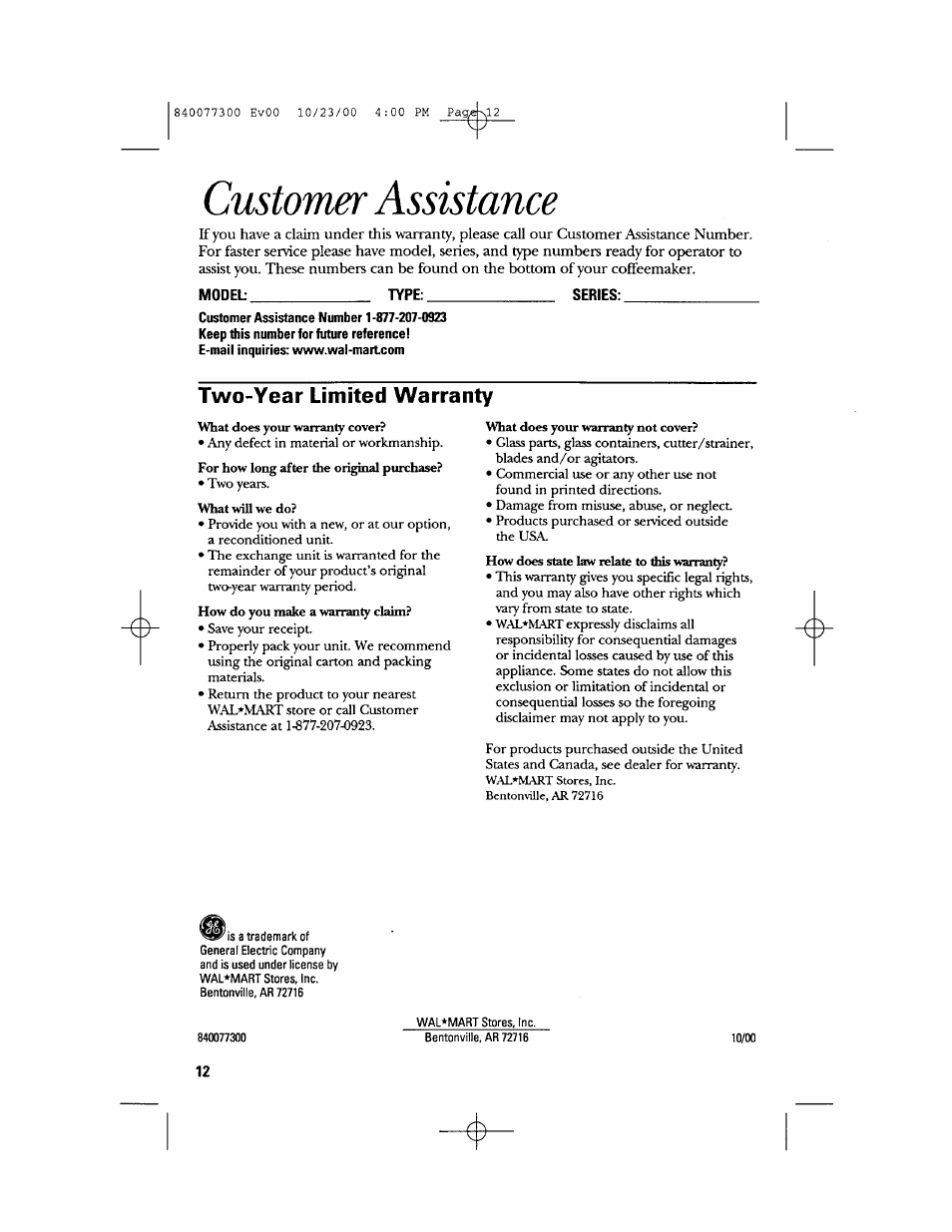 Customer assistance, Model, Type | Series, Two-year limited warranty | GE 106591 User Manual | Page 12 / 24