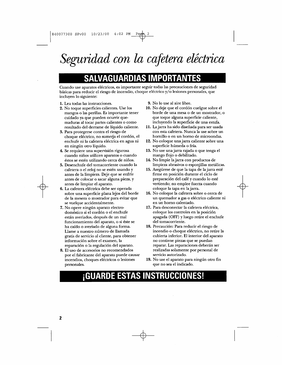 Seguridad con la cafetera eléctrica, Salvaguardias importantes, Guarde estas instrucciones | GE 106591 User Manual | Page 14 / 24