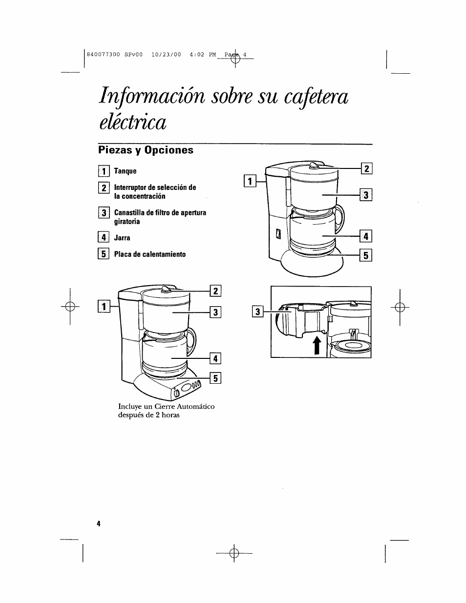 Información sobre su cafetera eléctrica, Piezas y opciones | GE 106591 User Manual | Page 16 / 24