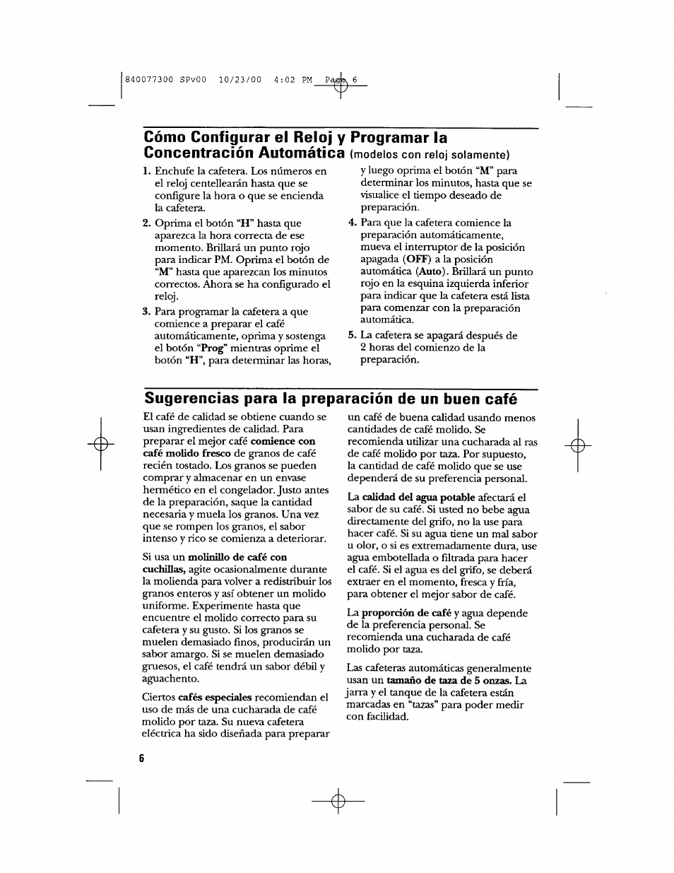 Programar la, Modelos con reloj solamente), Sugerencias para la preparación de un buen café | GE 106591 User Manual | Page 18 / 24