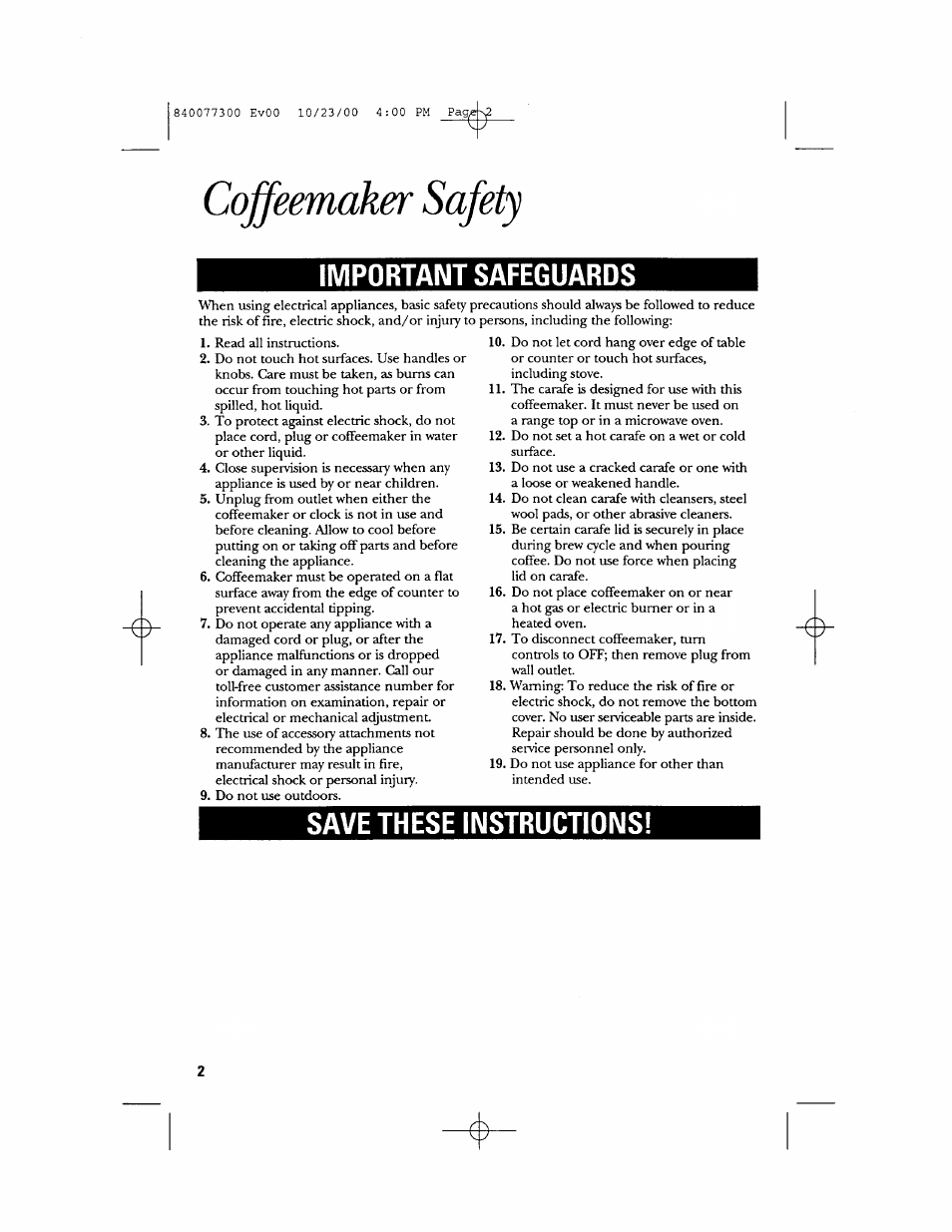 Coffeemaker safety, Important safeguards, Save these instructions | GE 106591 User Manual | Page 2 / 24