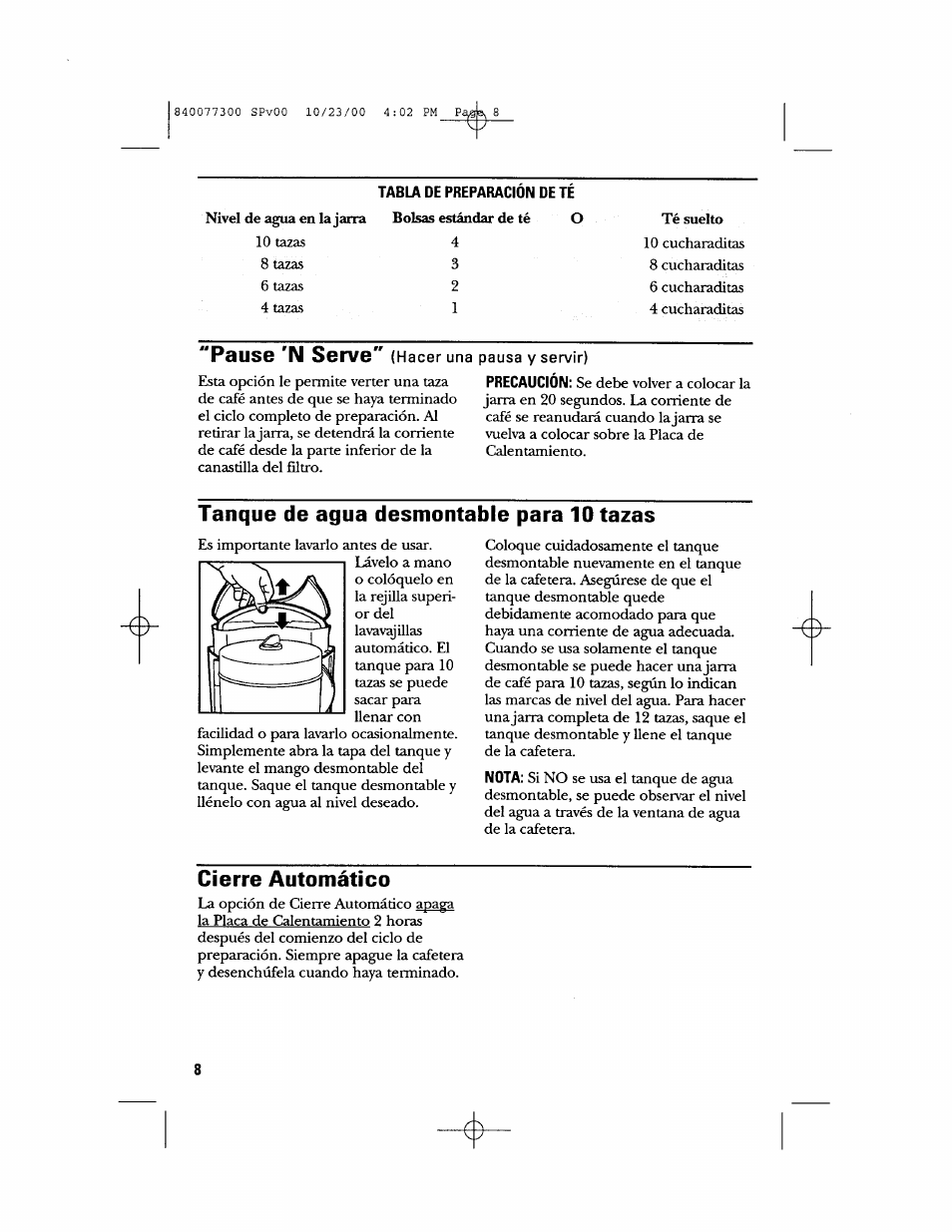 Tabla de preparacion de te, Pausg ’n servo" (hacer una pausa y servir), Tanque de agua desmontable para 10 tazas | Cierre automático | GE 106591 User Manual | Page 20 / 24