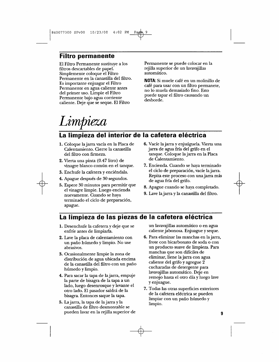 Filtro permanente, Limpieza, La limpieza de las piezas de la cafetera eléctrica | GE 106591 User Manual | Page 21 / 24