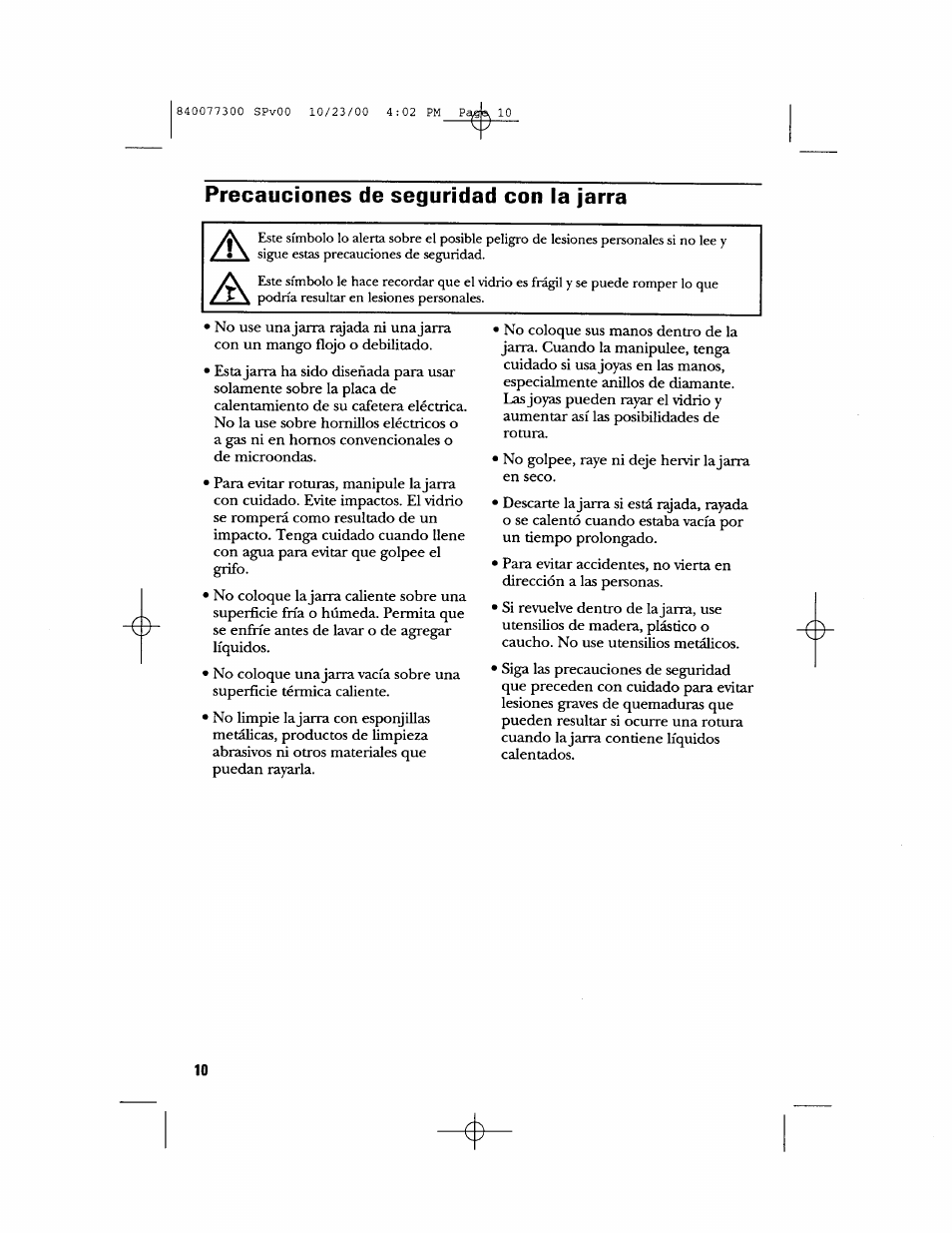 Precauciones de seguridad con la jarra | GE 106591 User Manual | Page 22 / 24