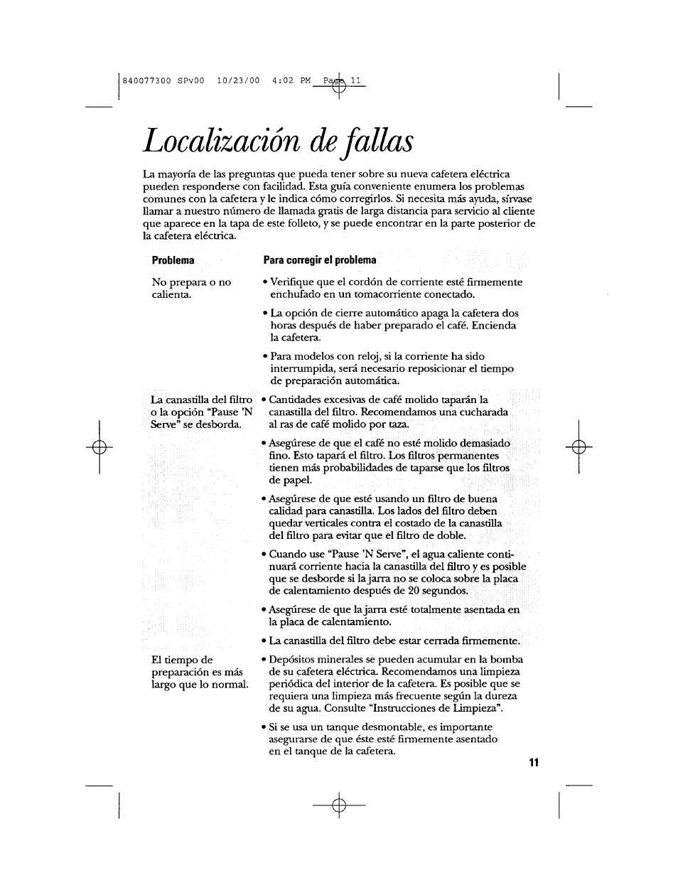 Localización de fallas, Para corregir el problema | GE 106591 User Manual | Page 23 / 24