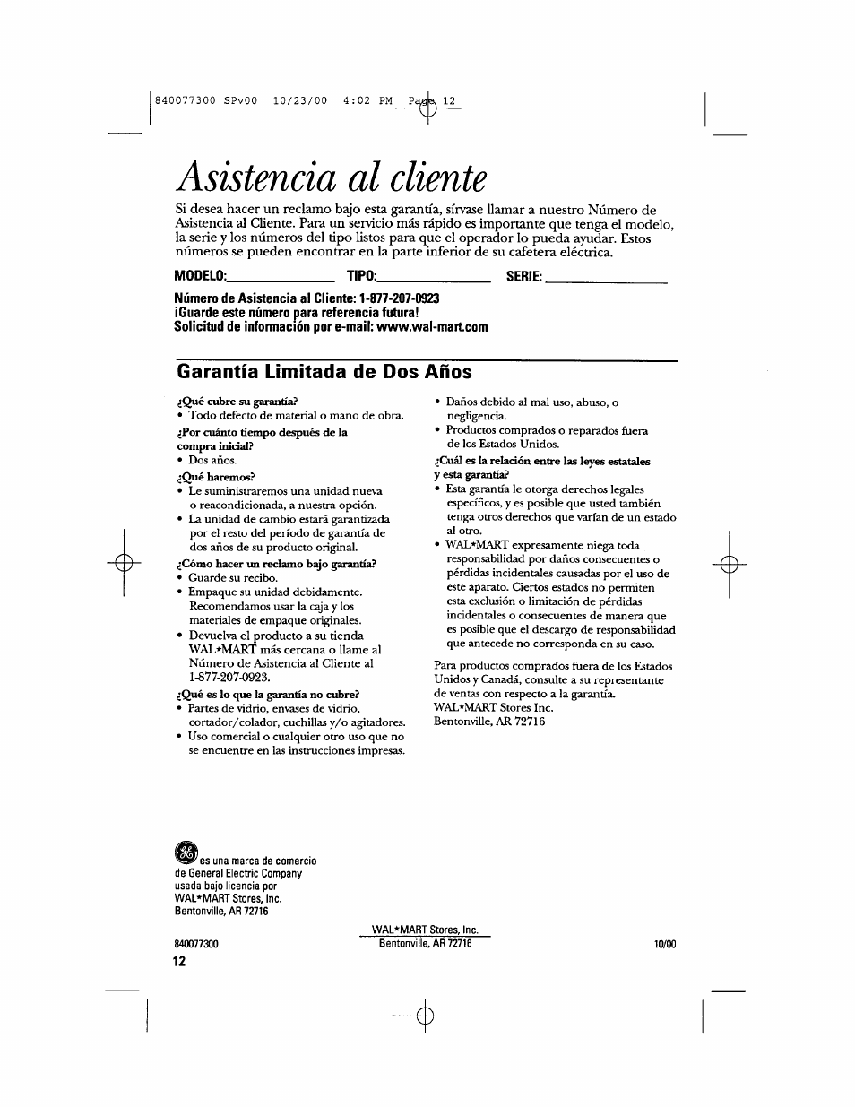 Asistencia al cliente, Modelo, Tip0 | Serie, Garantía limitada de dos años | GE 106591 User Manual | Page 24 / 24