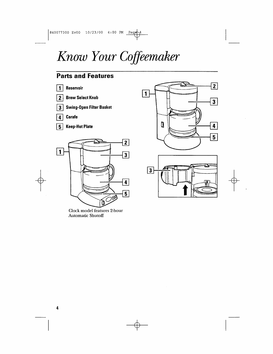 Know your coffeemaker, Parts and features | GE 106591 User Manual | Page 4 / 24