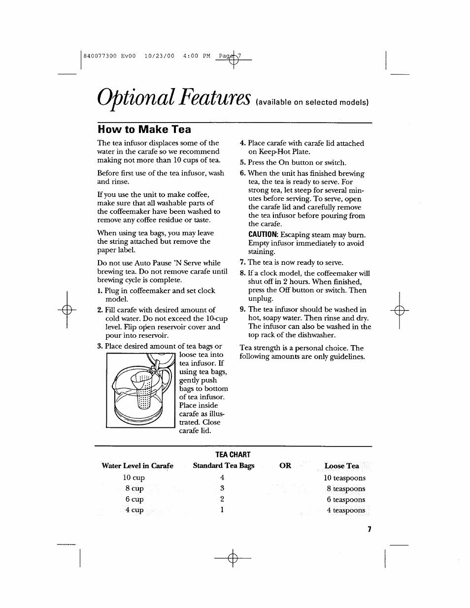 Optional features, How to make tea, Tea chart | GE 106591 User Manual | Page 7 / 24