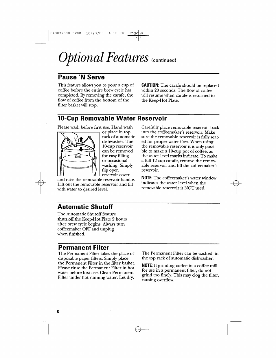 Optional features, Pause 'n serve, Cup removable water reservoir | Automatic shutoff, Permanent filter | GE 106591 User Manual | Page 8 / 24