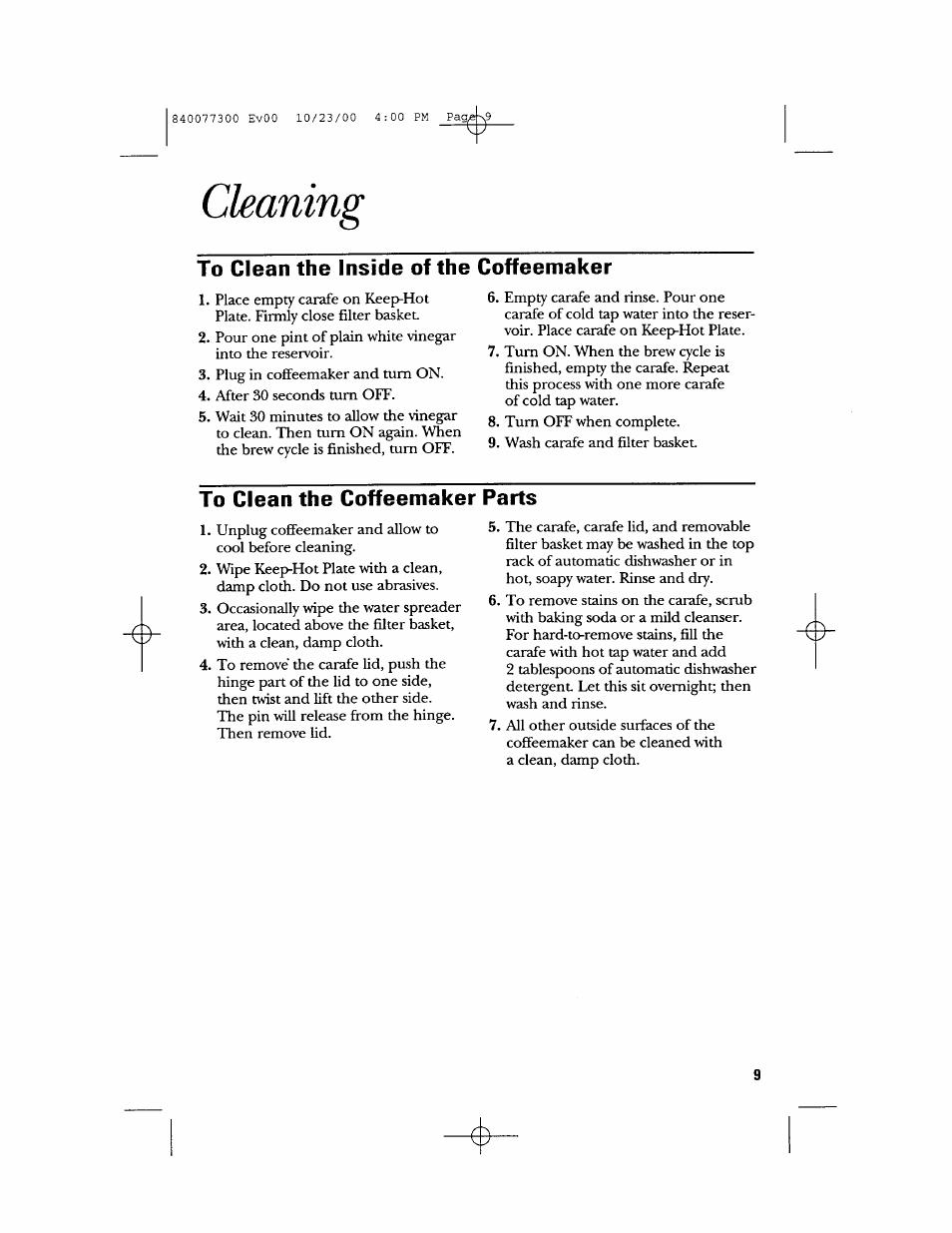 To clean the inside of the coffeemaker, To clean the coffeemaker parts | GE 106591 User Manual | Page 9 / 24