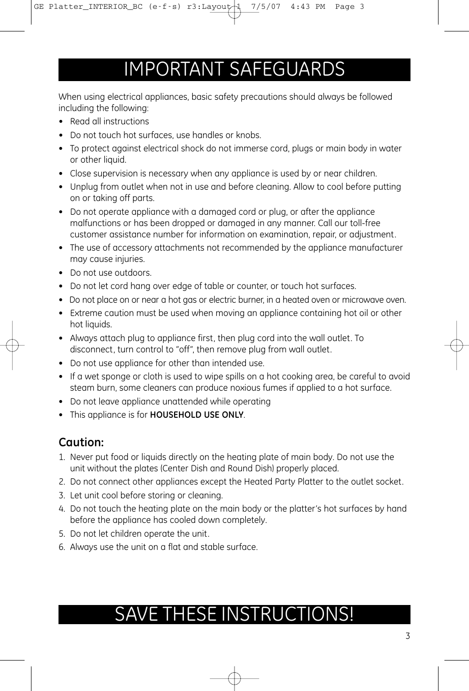 Important safeguards, Save these instructions, Caution | GE 169149 User Manual | Page 2 / 6