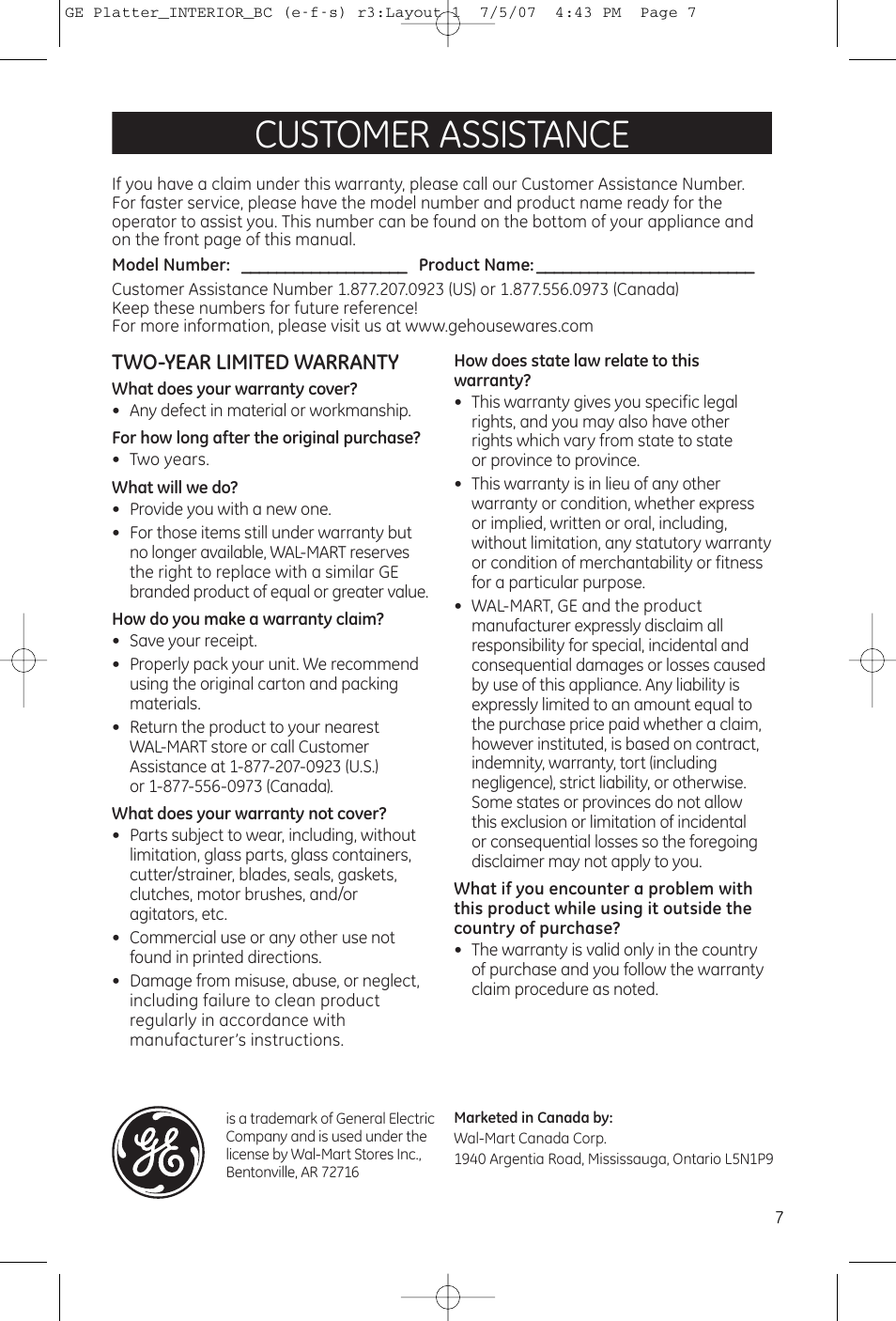 Customer assistance, Two-year limited warranty | GE 169149 User Manual | Page 6 / 6