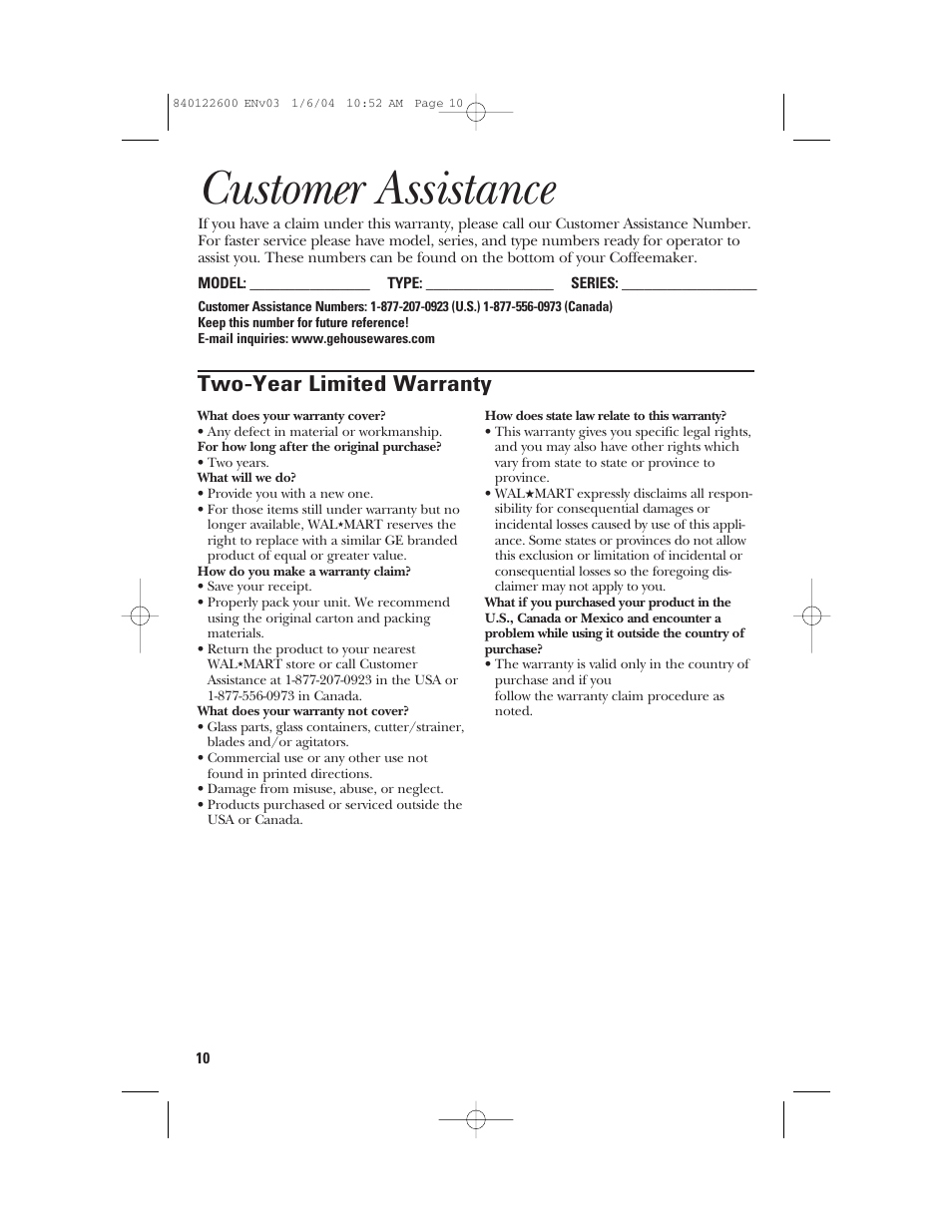 Customer assistance, Two-year limited warranty | GE 168987 User Manual | Page 10 / 28