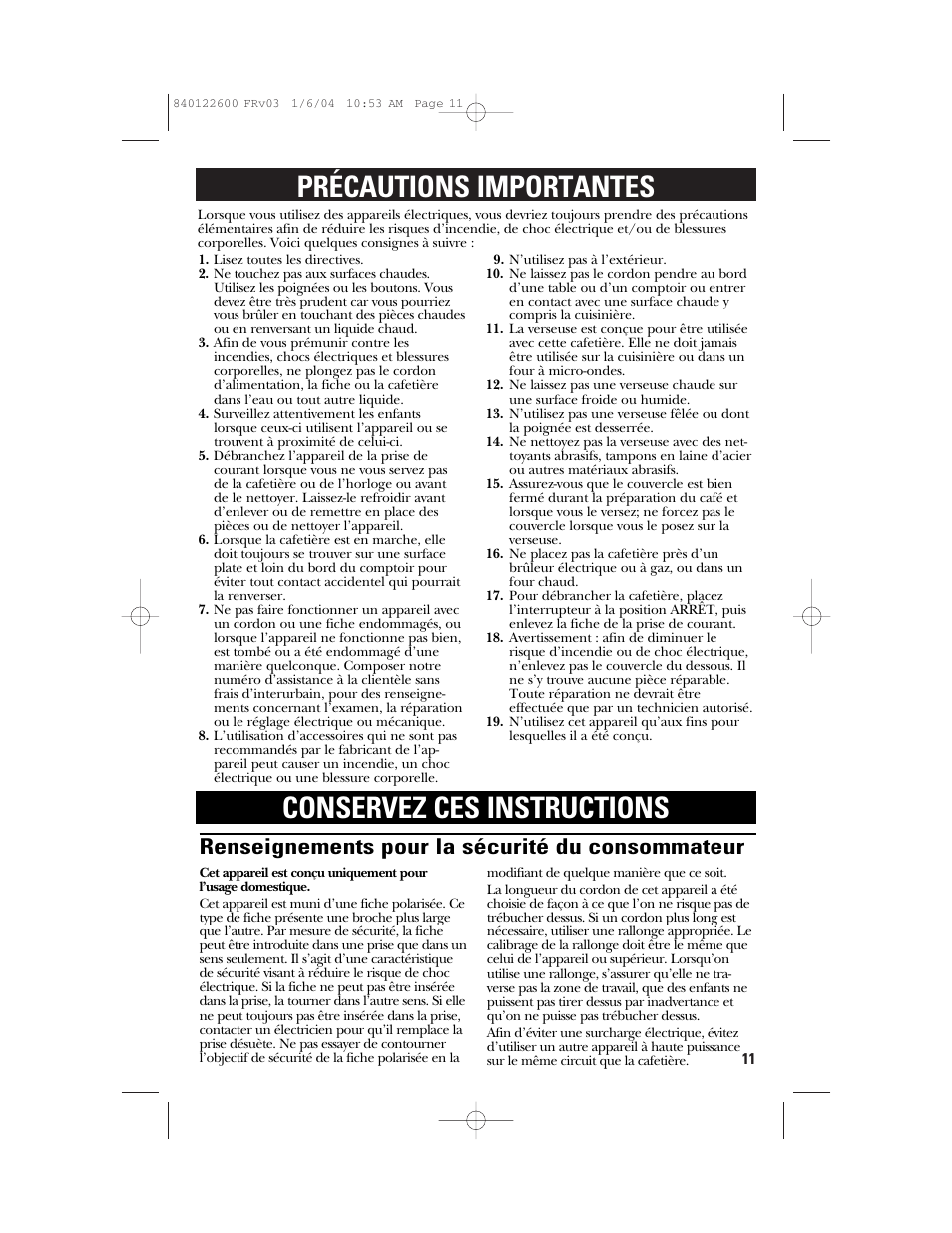 Précautions importantes, Conservez ces instructions, Renseignements pour la sécurité du consommateur | GE 168987 User Manual | Page 11 / 28