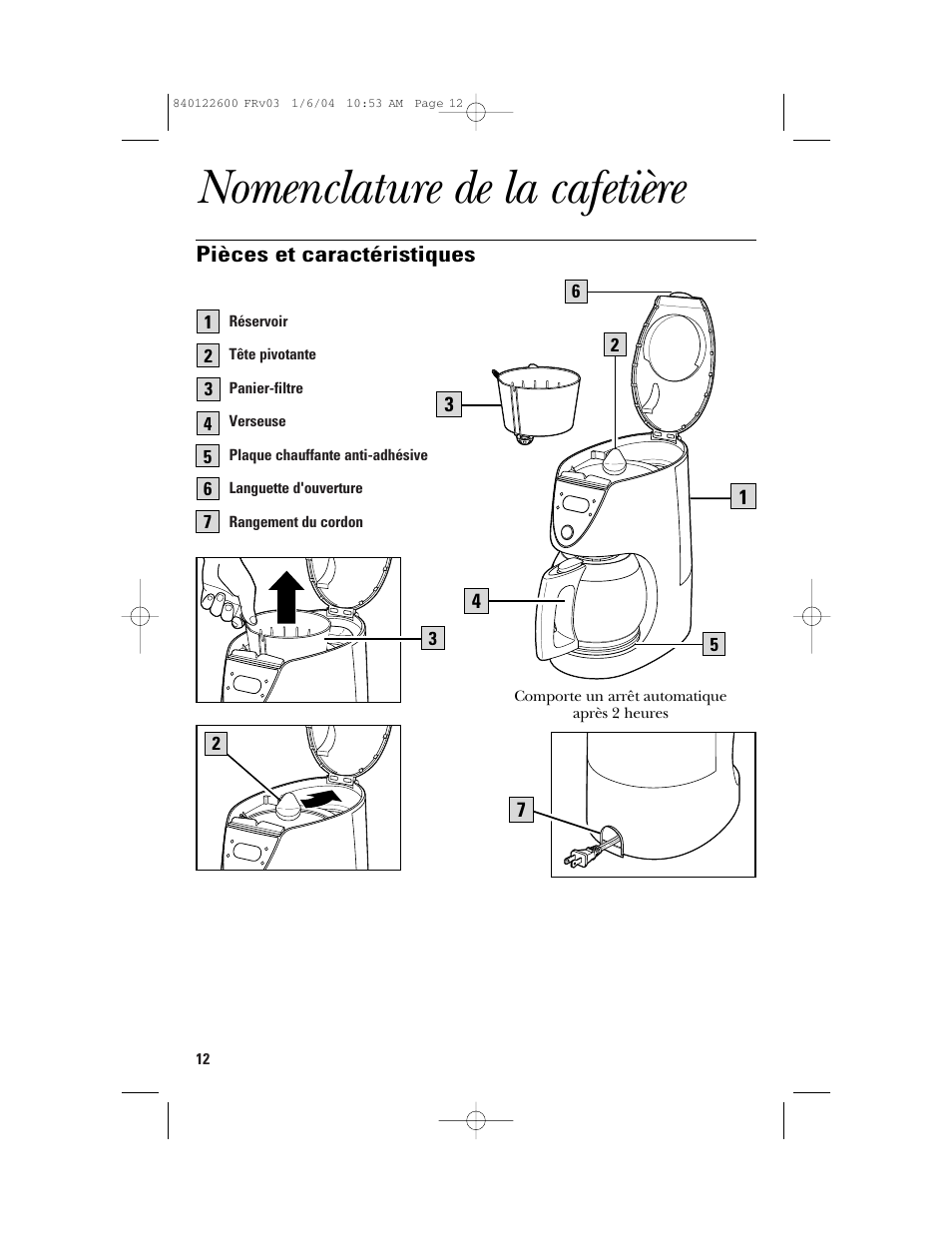 Nomenclature de la cafetière | GE 168987 User Manual | Page 12 / 28